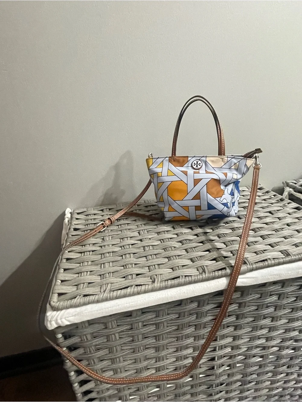 Tory Burch White, Blue and Orange Printed Crossbody Mini Tote with Tan Trim